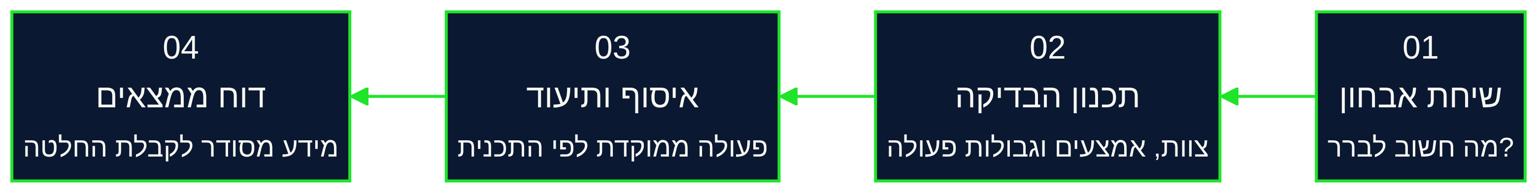 תרשים ארבעת שלבי החקירה: שיחת אבחון, תכנון הבדיקה, איסוף ותיעוד, דוח ממצאים